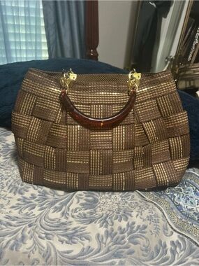 Woven Brown Tote Bag with Tortoiseshell Handle